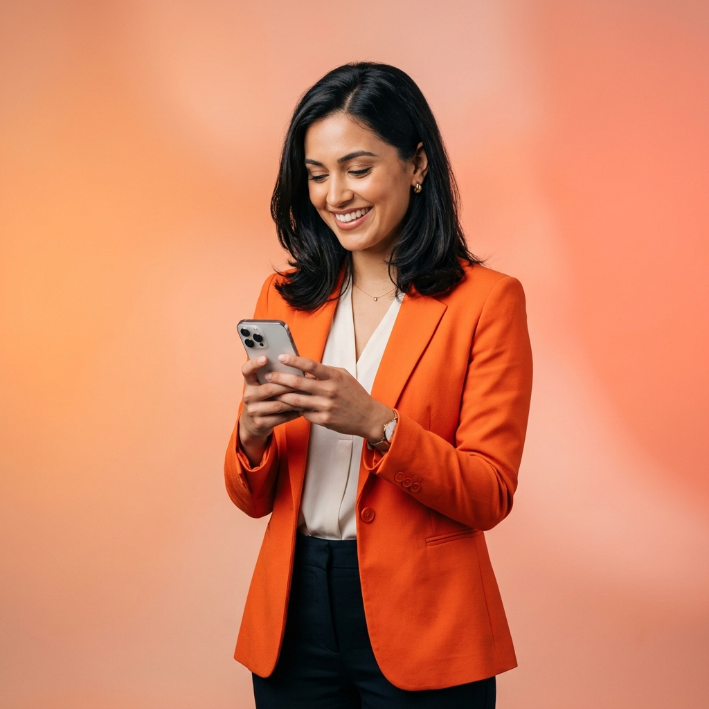 Smiling business woman in orange blazer with smartphone